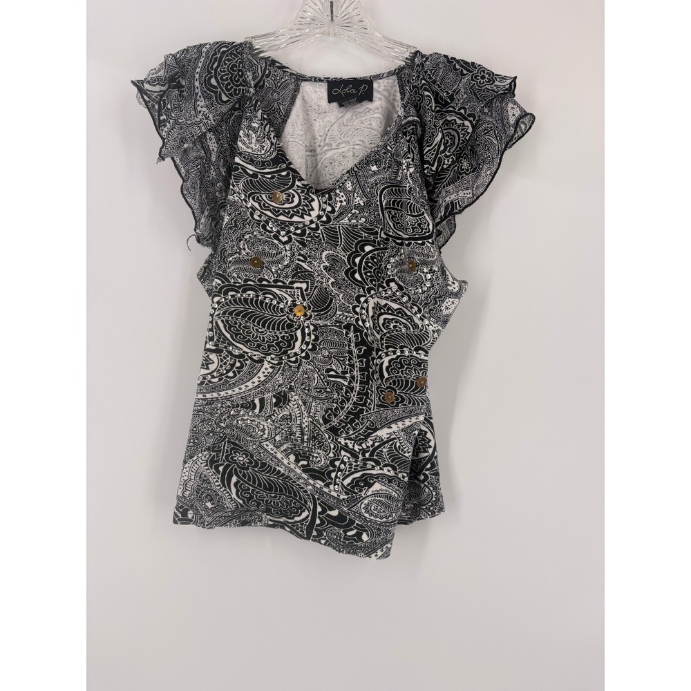Ada Black White Paisley Flutter Sleeve V Neck Blouse‎ Top Women's Size M
